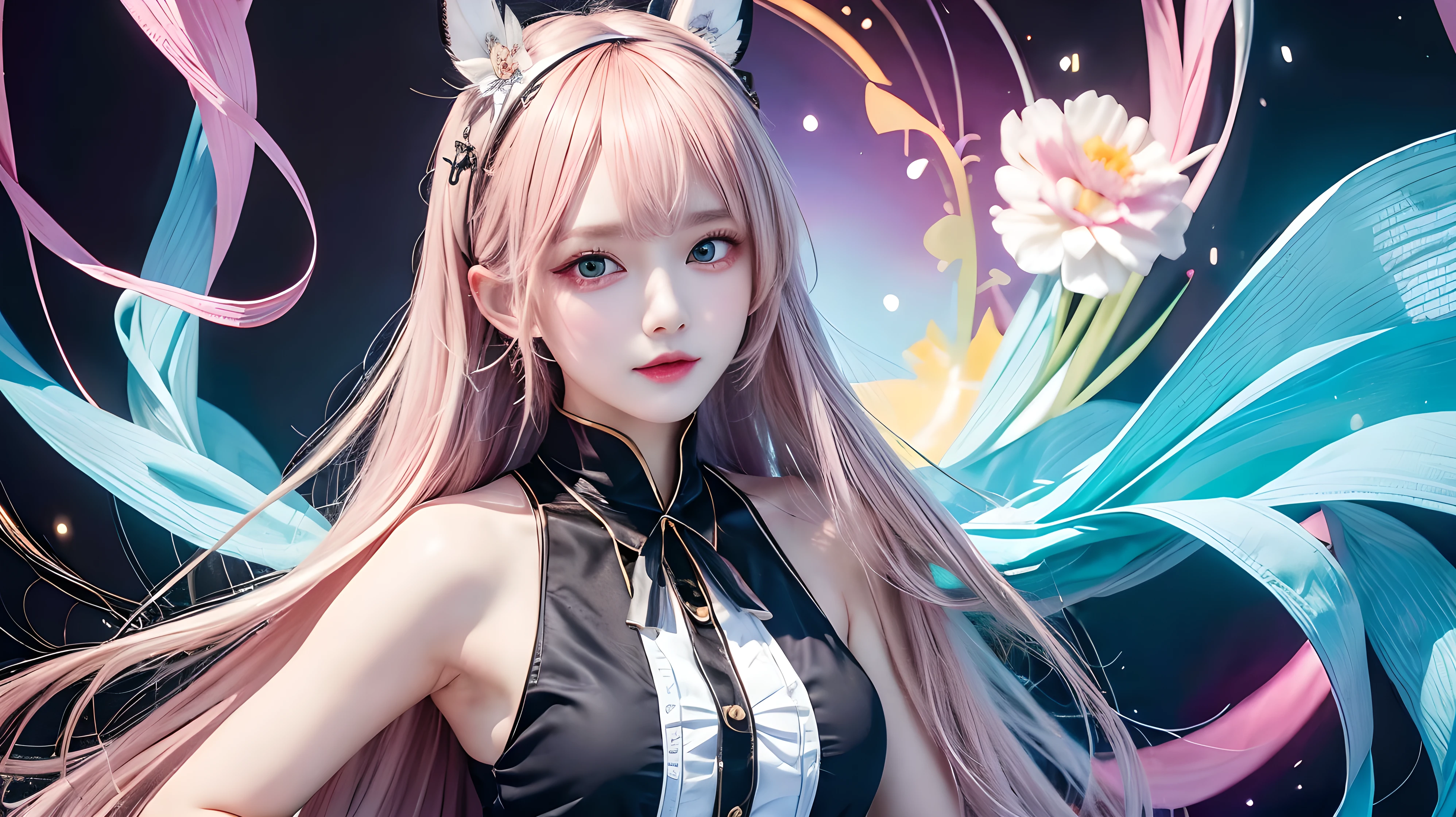 ((best qualtiy)), ((tmasterpiece)), (detail:1.4), Beautiful cyberpunk female images,hdr(HighDynamicRange),Ray traching,NVIDIA RTX,Hyper-Resolution,illusory 5,sub surface scattering,PBR textures,post-proces,Anisotropy Filtering,depth of fields,maximum definition and sharpness,Many-Layer Textures,Albedo e mapas Speculares,Surface coloring,Mitsu-Accurate simulation of material interactions,perfectly proportioned,rendering by octane,Two-colored light,largeaperture,Low ISO,White balance,Rule three points、8K raw data、Beautiful bright blue pupils,off-the-shoulder clothes,Fine pupils,Delicate face and eyes,long eyelasher,Blushlush,Delicate and fluffy hair,pink lip,Pure,Cute face,Sweet girl,Artistic sense,Casual wear,Advancedsense,butterflys,Cherry blossom petal,Beautiful hair accessories,Long hair and waist,Hair fluttering in the wind,Snow-white fox ears,curlies,Lots of white and pink,Complicated details
