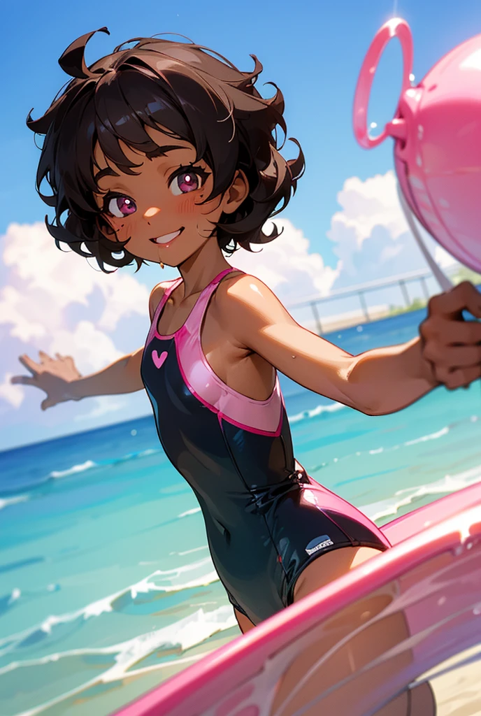 A child in a swimsuit with short curly dark hair, dark skin and brown eyes with pink heart pupils with a smile of pleasure and slightly salivating and with a camera with a front angle