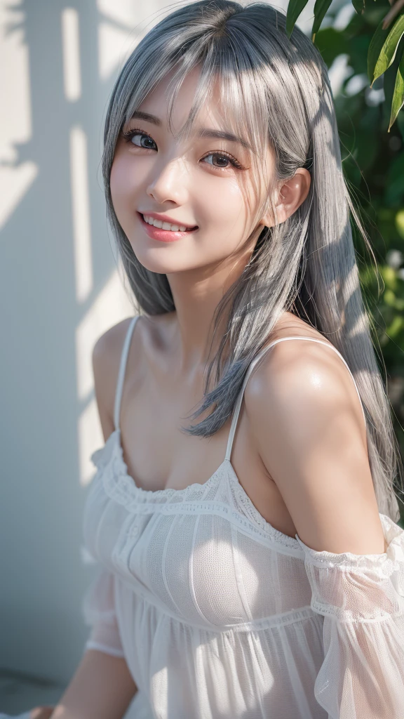 (front focus: 1.2), (face focus: 1.3), 1girl, solo, (full body portrait), (hyper realistic: 1.3), (photo realistic: 1.3), natural lighting, (curvy body type: 1.1), (large breasts: 1.3), (wide hips), (small waist), (large glutes: 1.1), (thick thighs), medium hair, (white hair: 1.4), asymmetric hair, (thin bangs: 1.1), (hair between eyes: 1.1), (ponytail hair), hair behind ear, long side bangs, (grey eyes: 1.4), long eyelashes, double eyelids, aegyo sal, wide outer canthus, red eyeshadow, winged eyeliner, blush, small jaw, (soft skin: 1.2), (finely detailed: 1.3), (very detailed face: 1.3), (detailed skin: 1.3), simple background, (thin black sundress: 1.2), (black skirt: 1.1), soft lighting, natural lighting, chromatic aberration, god rays, ray tracing, reflection light, backlighting, blending, bloom, cowboy shot, wide shot, UHD, retina, masterpiece, ccurate, (textured skin: 1.2), (anatomically correct: 1.2), super detail, high details, award winning, high quality, (best quality), highres, (8k resolution: 1.3), from slightly side, from slightly above, garden background, (smiling with perfect teeth), (laughing), (cute pose: 1.1), (exposed cleavage),