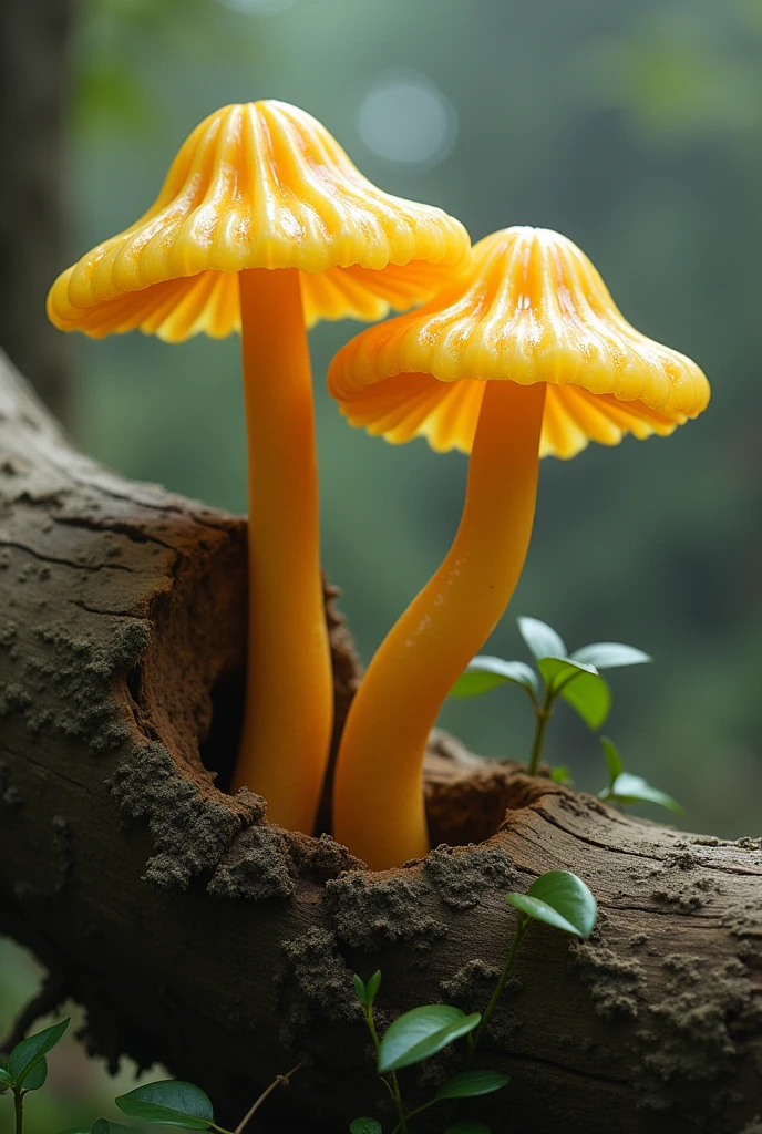 Two long, thin mushrooms growing,Long stem,The stem is long,It's squishy like jelly.,Color is yellow,Growing from a fallen tree,