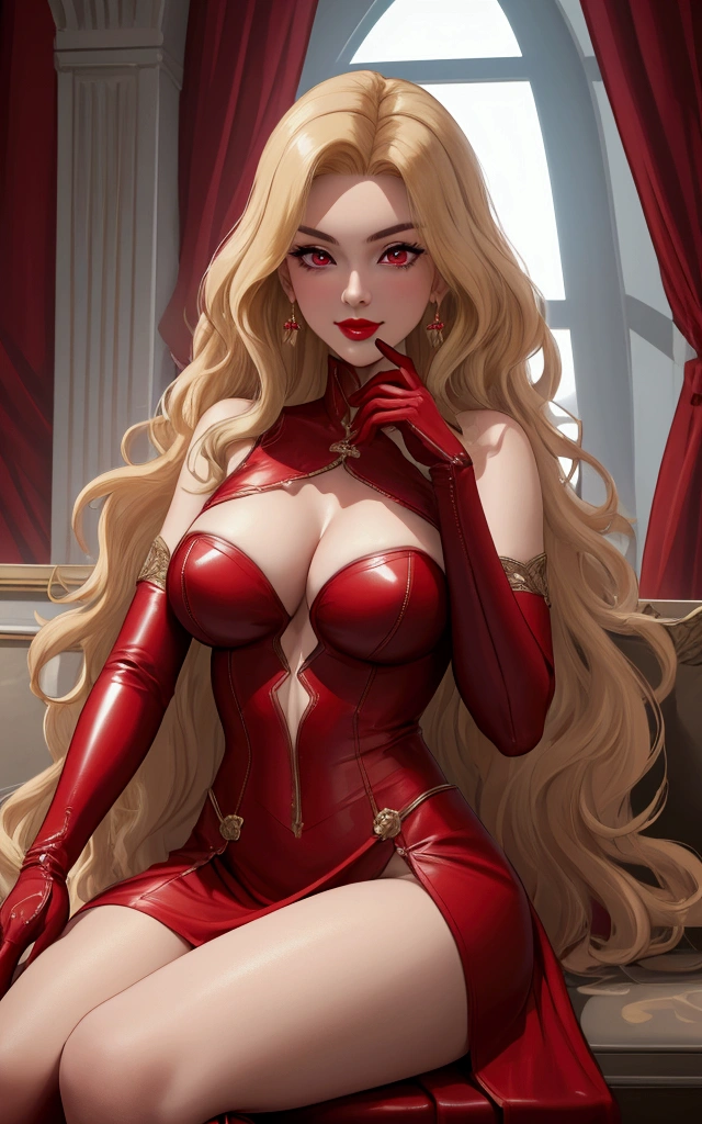 masterpiece, best quality, ultra detailed, absurdres)1.5, 1girl, (sexy, beautiful woman, perfect face, perfect eyes, perfect female body)1.5, (AliciaViewstream, wavy hair, long hair, blonde hair, red eyes, mature female, milf, v-shaped eyebrows, red lips, extremely detailed clothes, smile, red elbow gloves, red thigh boots, red impossible clothes, ),very detailed, depth of fields。Create depth with atmospheric lighting,wide wide shot,detail,(Hyper-detailing),(Complicated details),(High resolution CGI artwork 8k), palace, ballroom windows, day, sitting,