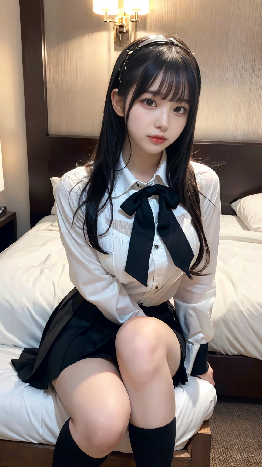 muste piece, best quality, illustration, Super detailed, fine details, High resolution, 8K,wall paper, perfect dynamic composition,(Details High quality, realistic depiction of eyes:1.3), (collared shirt:1.1), pleated skirt, knee high socks, large breasts, black hair color, Big Natural Color Lip, bold sexy pose, (perfect body shape), crying a little、cold gaze, Harajuku style、20 year old girl、cute type、lolita、beautiful legs, hotel room, hposing Gravure Idol, Voluptuous thighs