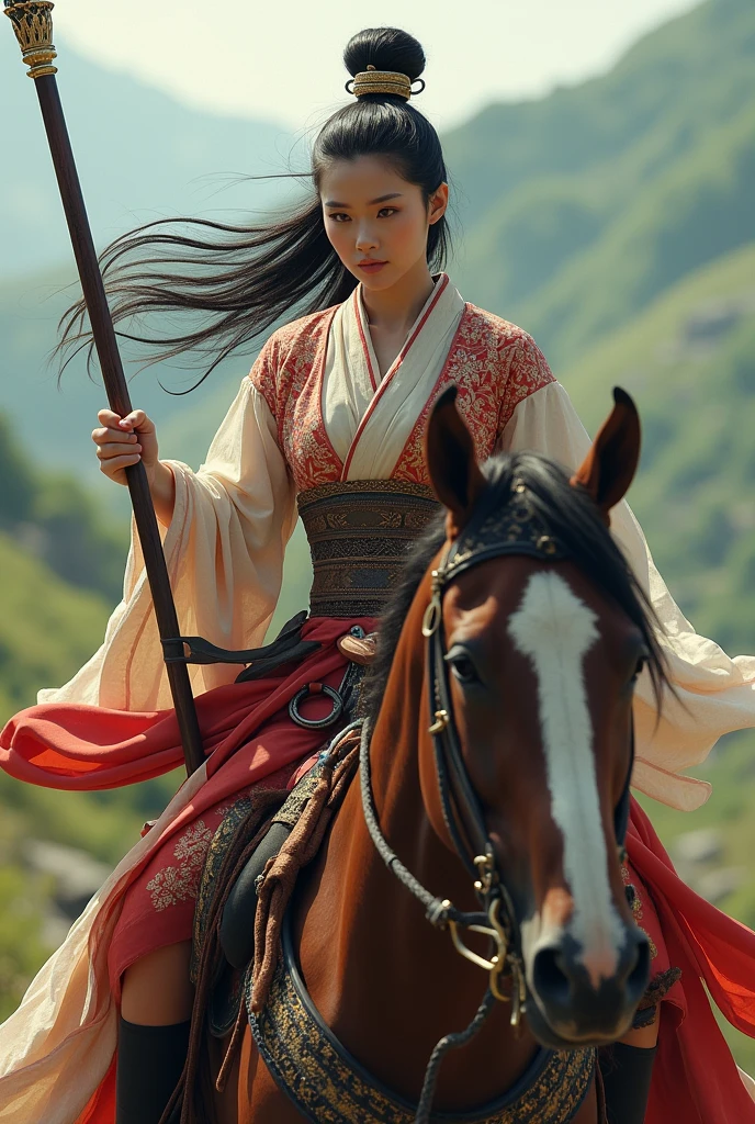 A woman in Chinese dress rides a horse and holds a spear.
