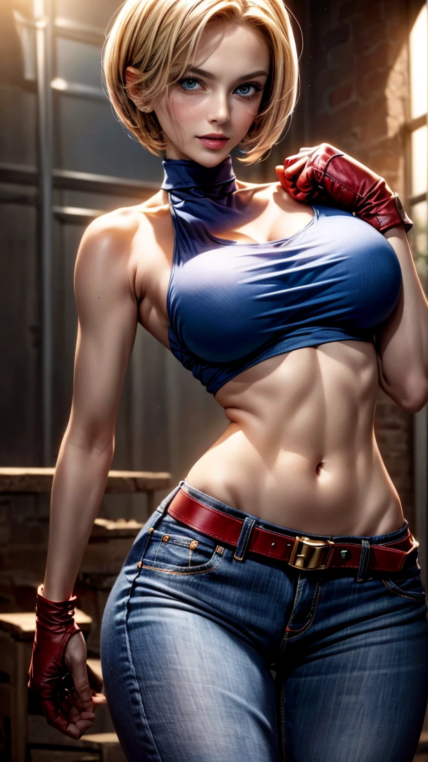 ((dynamic action pose)) ((sexual, the tall and very beautiful Blue Mary from the video game series The King of Fighters)) ((Large bright blue eyes)) ((bully)) ((short blond hair)) ((medium breast:1.5)) ((slender body:1.3)) ((wears a red cropped, blue gloves, jeans with brown belt))  ((Abandoned Military Base)) ((Pale light)) ((a high resolution:1.5)) ((masterpiece:1.5)) ((8 K:1.5)) ((Best quality:1.4)), More_details:-1, More_details:0, More_details:0.5, More_details:1, More_details:1.5, 