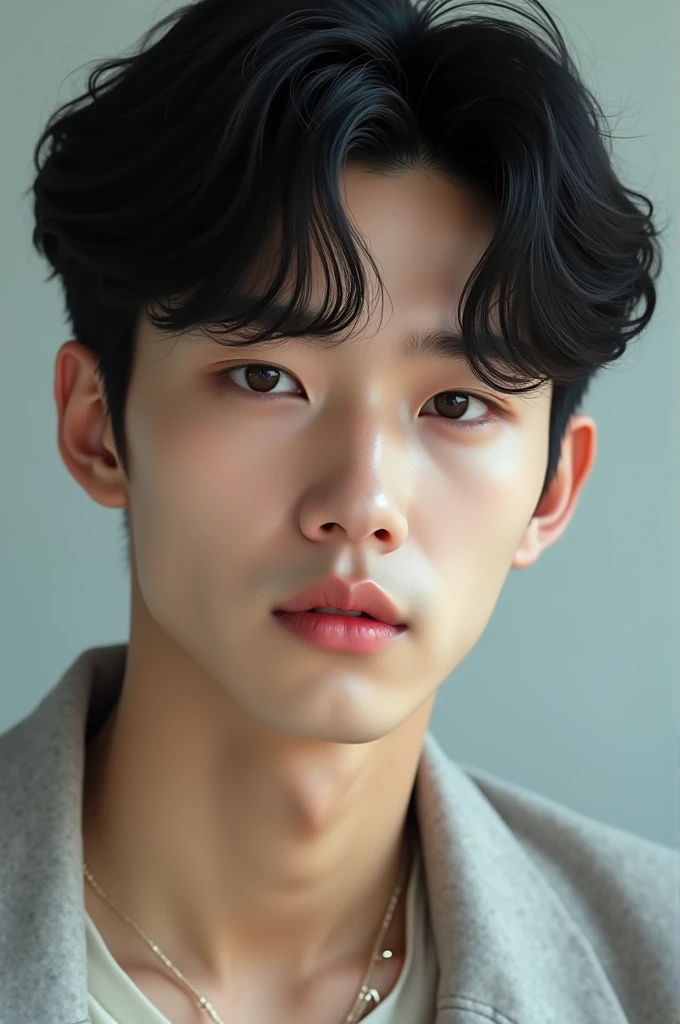 Young  Korean  man idol with black hair and delicate features