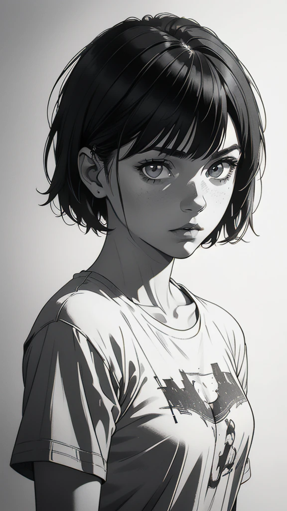 1 boyish girl, solo, sharp eyes, expressionless, monochrome, greyscale, short black hair, portrait, white T-shirt, closed mouth, looking at viewer, graphite \(medium\), detailed lips, hatching \(texture\), without makeup, bangs, upper body, (best illustration), (best quality), (very detailed), (masterpiece), expressionless, perfect lighting,