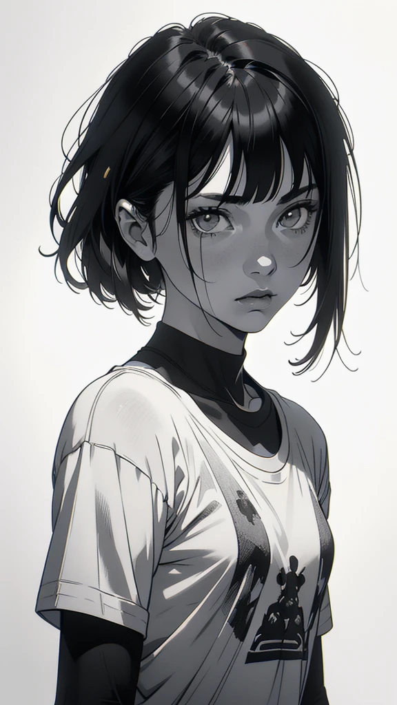 1 boyish girl, solo, sharp eyes, expressionless, monochrome, greyscale, short black hair, portrait, white T-shirt, closed mouth, looking at viewer, graphite \(medium\), detailed lips, hatching \(texture\), without makeup, bangs, upper body, (best illustration), (best quality), (very detailed), (masterpiece), expressionless, perfect lighting,
