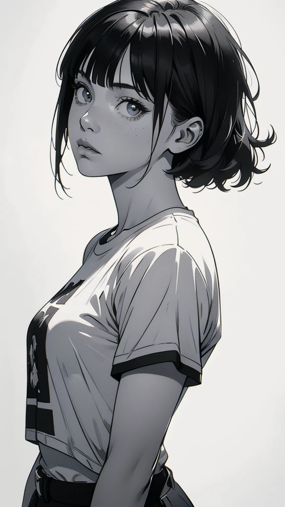 1 boyish girl, solo, sharp eyes, expressionless, monochrome, greyscale, short black hair, portrait, white T-shirt, closed mouth, looking at viewer, graphite \(medium\), detailed lips, hatching \(texture\), without makeup, bangs, upper body, (best illustration), (best quality), (very detailed), (masterpiece), expressionless, perfect lighting,