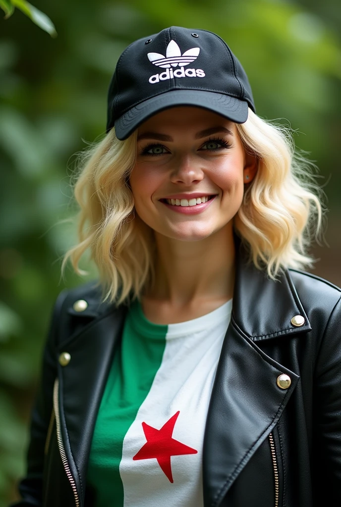 Close up, blonde, plump woman . Wearing a black leather coat, an Adidas hat, a green and white Algerian flag T-shirt, green nature background