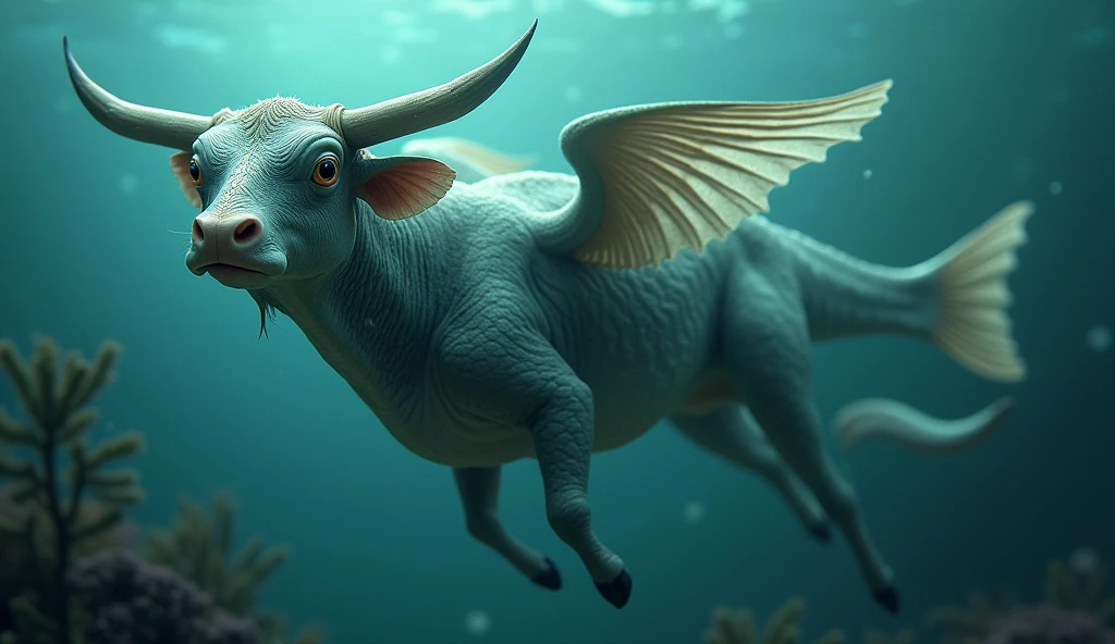 There is a creature growing underwater,It has the body of a fish, the head of a cow and the tail of a snake.,Wings growing from the ribs(best quality,4K,8k,High level,masterpiece:1.2),Ultra Detailed,(lifelike,Photo real,Photo real:1.37)