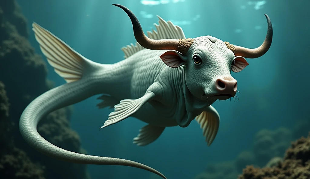 There is a creature growing underwater，It has the body of a fish, the head of a cow and the tail of a snake.，Wings growing from the ribs（best quality，4K，8k，High level，masterpiece：1.2），Ultra Detailed，（lifelike，Photo real，Photo real：1.37）