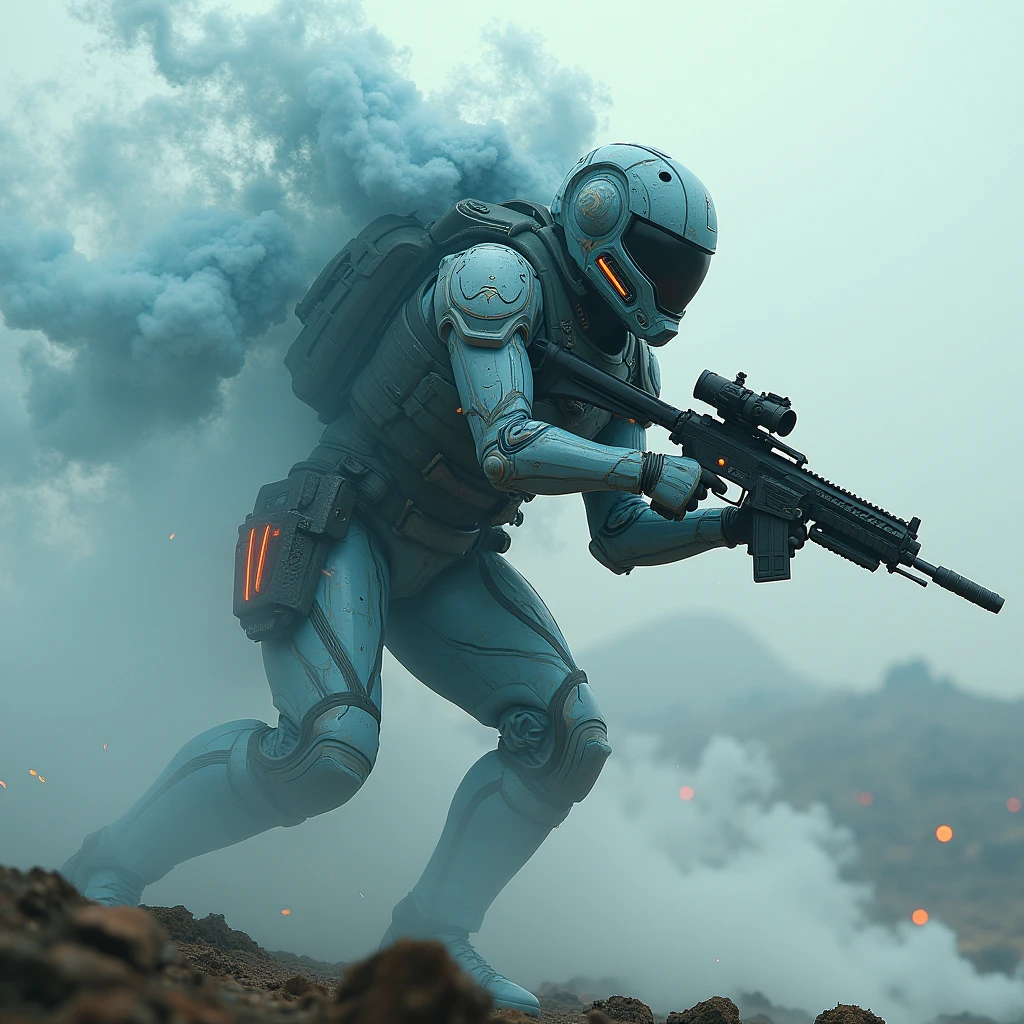 A full protective helmet mask and futuristic high-tech combat mech made of smoke and water,Sci-fi female space warrior,Tactical equipment,Shooting stance,Battlefield environment,Art Photography