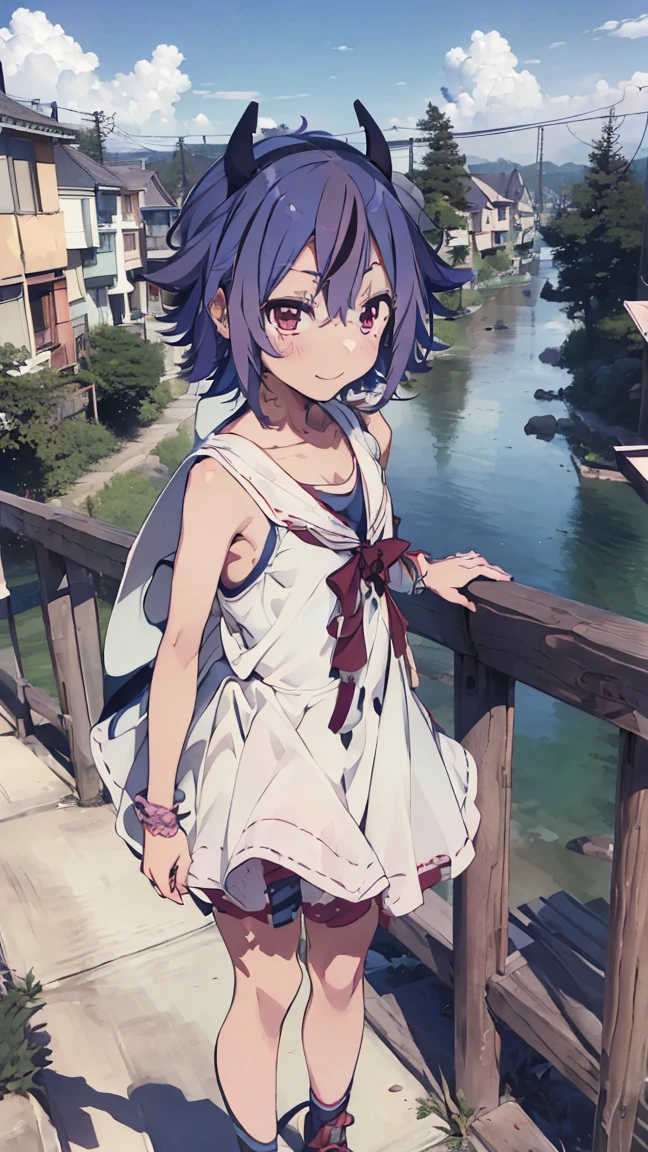 masterpiece, Highest quality, High resolution, Very detailed,(((Mikoto Naruka))), (((Town))), (((Night Sky)))、(((Back view)))、(((smile)))、(((Standing in the distance))), (((Wearing a white bikini。))), (((handrail)))(((Blue Hair))), (((Multicolored Hair))), (((horn))), (((Pink Eyes)))