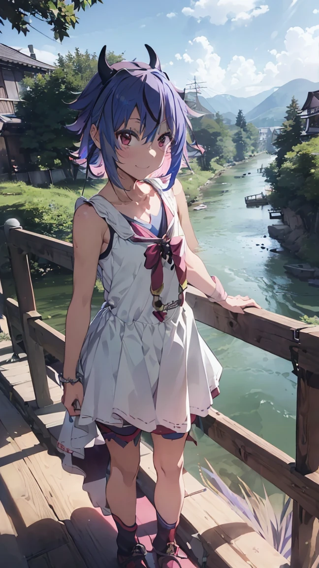 masterpiece, Highest quality, High resolution, Very detailed,(((Mikoto Naruka))), (((smile)))、(((Standing in the distance))), (((handrail))), (((Wearing a babydoll。))), (((river))), (((weed))), (((Multicolored Hair))), (((horn))), (((Pink Eyes)))