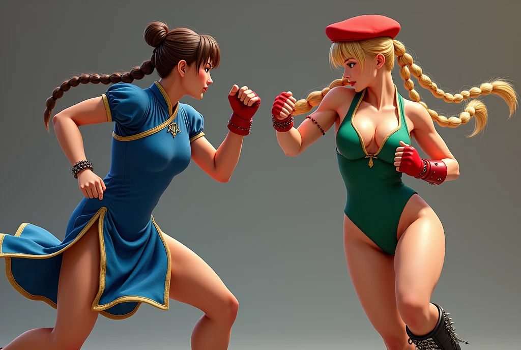 Digital photograph, two beautiful women, Chun-Li vs Cammy, Both of them are in dynamic and action-oriented pose, Both of fight, ([Chun-Li:1.2,brown hair,Bun Hair on both sides of the head,Bun cover,lipstick,makeup,She is wearing a blue china dress,gold trim,Blue cheongsam with side slits,puffy sleeves,short sleeves,side slit,cross-laced footwear,pantyhose,pelvic curtain,spiked bracelet,white footwear]). ([Cammy White:1.2,light skin,blue eyes,and long blonde hair styled in two braids,She is wearing a red Beret,green leotard,red fingerless gloves,black combat boots]). BREAK. Composition of fighting games, The other one person Stick butt out and throws a punch, masterpiece, ultra high resolution, high definition RAW photograph, Highly detailed CG, best quality, 4K, perfect anatomy, perfect proportions, details accurate face, Accurate limbs, details accurate limbs, accurate finger, erotic body, Ultra-realistic 
