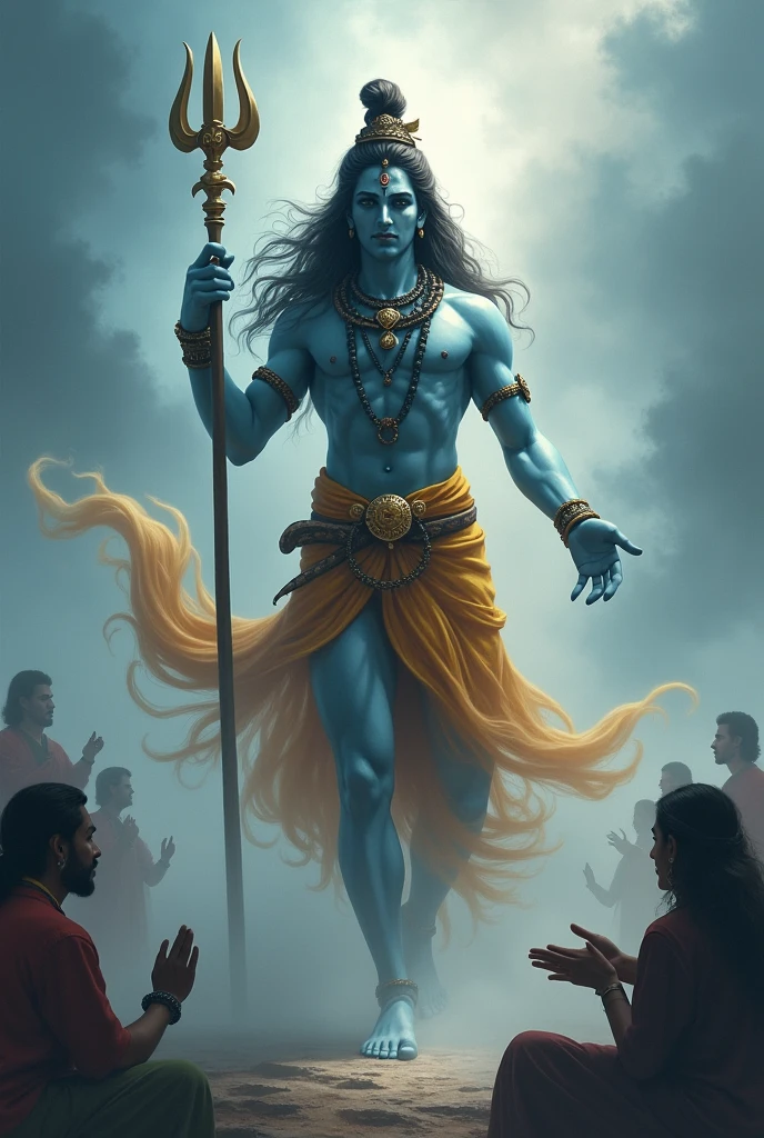 Happy smart shiv bhagwan, in one hand trishool, second hand showing us hand, shiv bhagwan have only two hands and humans are very small humans are wanting to shiv bhagwan and with background ghost and shiv bhagwan is looking to humans