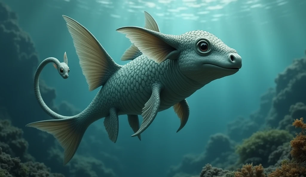 There is a creature growing underwater,It has the body of a fish, the head of a cow and the tail of a snake.,Wings growing from the ribs(best quality,4K,8k,High level,masterpiece:1.2),Ultra Detailed,(lifelike,Photo real,Photo real:1.37)