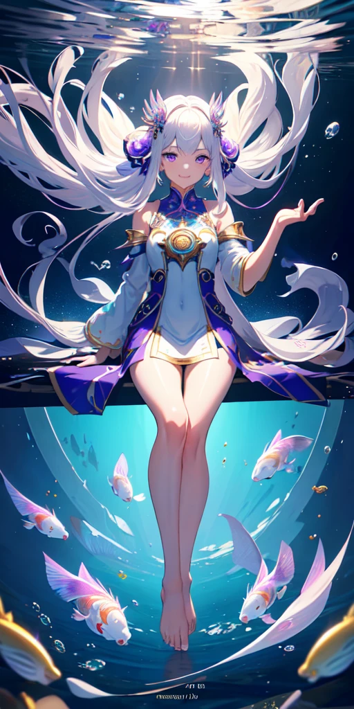 [(Transparent background:1.5)::5],(((masterpiece))),(((best quality))),(((extremely detailed))),illustration, 1girl,solo,mysterious,vivid color,shiny, underwater transparent sealed hemispherical glass dome, (white hair),(purple eyes), full body,barefoot,long hair tranquil nature, koi,Underwater, Dome,close up,Dynamic actions,Lens perspective,(((Box composition))),sit cross-legged and lean against the bookshel, volumetric lighting, multi-color eyes, detailed eyes, hyper detailed,light smile, highly detailed, beautiful, small details, ultra detailed, best quality, intricate, 4k, 8k, trending on artstation, good anatomy, beautiful lighting, award-winning,