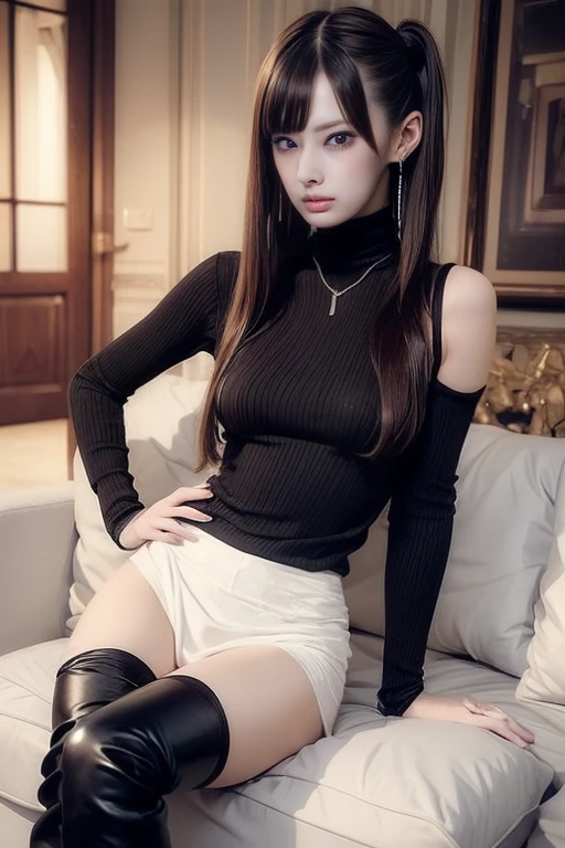 ((Crossing your legs:1.5)),Ultra-high resolution、(((Very heavy,Voluminous bangs:1.1))), ((Raised ponytail))，Straight bangs hairstyle, Round face with blunt bangs, length, Glossless hair、Bangs cut straight,(masterpiece, Highest quality:1.5), (Ultra-fine 8K CG:1.4), (hyperRealistic:1.25), (PhotoRealistic:1.25), (Realistic:1.4), Cowboy Shot, (Smile 1.3), Beautiful Japan, supermodel, Japanese Idols, Big Breasts, Accentuate your cleavage:1.5、(Red and silver gradient hair:1.2)、((real person:1.5))、(Fishnet tights:1.2)、((Lean back:1.5)), Earrings、Big Breasts,((Lace-up long boots 2.0)), (Long legs), Beautiful feet,  A light smile, Naughty look, Full Body Shot, sheath dress,Show your back,(Panty shot)、expression of ecstasy,、((Protruding nipples))、((Saggy big breasts))、((Gal Makeup))、Bun Hair、((Protruding nipples))、(See-through clothes that cling to the body)、(Bracelet)、???????、(Very saggy bust)、((Twin tails))、(Two bun hairstyle).Red and silver gradient hair、(Pull up your skirt)、Skirt Lift、Camera angle from diagonally down、((Braided　Thigh-high boots))、Red hair, Silver Hair, Double bun hairstyle, Gradient color hairstyle,(( Hair that hides one eye)), (Shake your hair), Hair in the eyes, ((Crystal-like hair)), Open your mouth, Side Ponytail, ((Close-up, View landscape,)) 、Lens flare, ass pov, Wide-angle shot, View landscape, Chest girth, (Accurate human body depiction)、((She is sitting with her legs spread so her white panties are visible))
