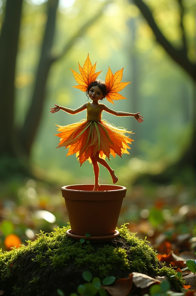 A whimdical miniature figure composed of delicately arranged autumn leaves, poised in a carefree dance on the rim of a weathered moss-covered terracotta pot, set against a lush vibrant forest backdrop. Dappled sunlight filters through the canopy above, casting intricate shadows. The overall aesthetic is ethereal, with warm, earthy tones of sienna, umber, and olive green, infused with hints of emerald and golden light, evoking a sense of wonder and enchantment, as if plucked from a fantastical realm. The leaves, elongated to enhance their height, glisten with droplets of water, adding to the magical, dreamy atmosphere.