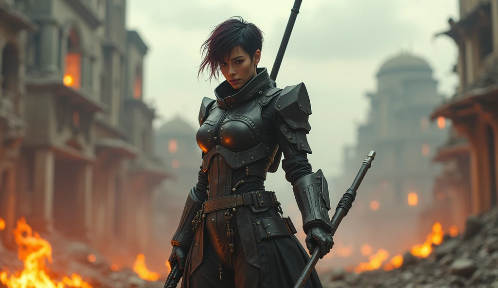 Cyberpunk Woman Mech Warrior, armor, Beautiful face, 40 years, short dirty black hair with pale red streaks, Fighting pose, holding a staff, wide shot, post apocalyptic background on fire, the photo is epic, Epic cinematic frame, Pure form, complex part, Post-production 8k,a high resolution, high detail