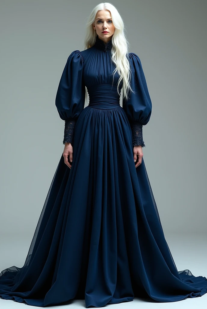 generates an image of a dark blue layered amp dress with double skirt, short in front and long in back, Giant puffed sleeves halfway down the arm, with a giant cause the model is an imposing old lady with long white hair