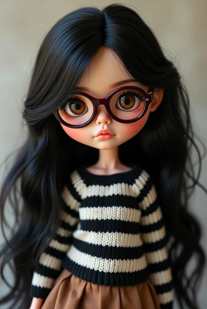 blythe doll , long wavy black hair , Brown eyes , light brown skin , maroon glasses , black and white striped sweater