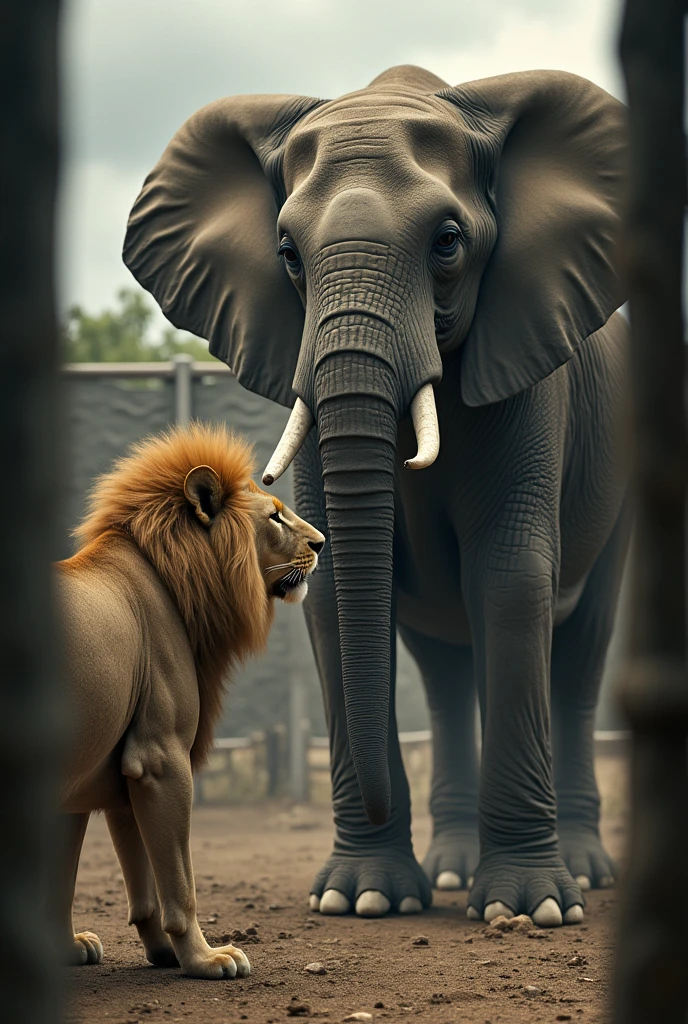 Lion and elephant in an one cage