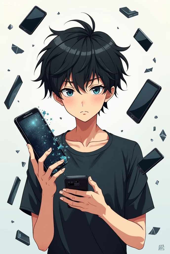 A anime boy image with black hair and eyes black t shirt white skin color and with Samsung broken phone in hands and playing games