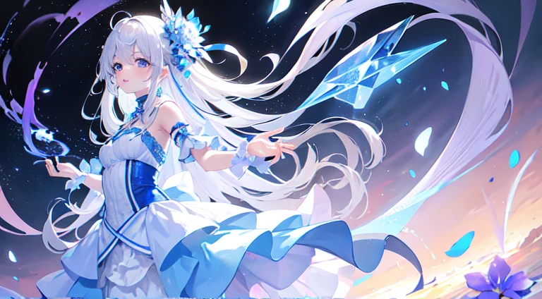 beautiful、ephemeral、Silver Marble Skin、hope、Highest quality、bright、masterpiece、landscape、Magical atmosphere、blue、crystal flower、Extend your hand to the sky、pastel colour