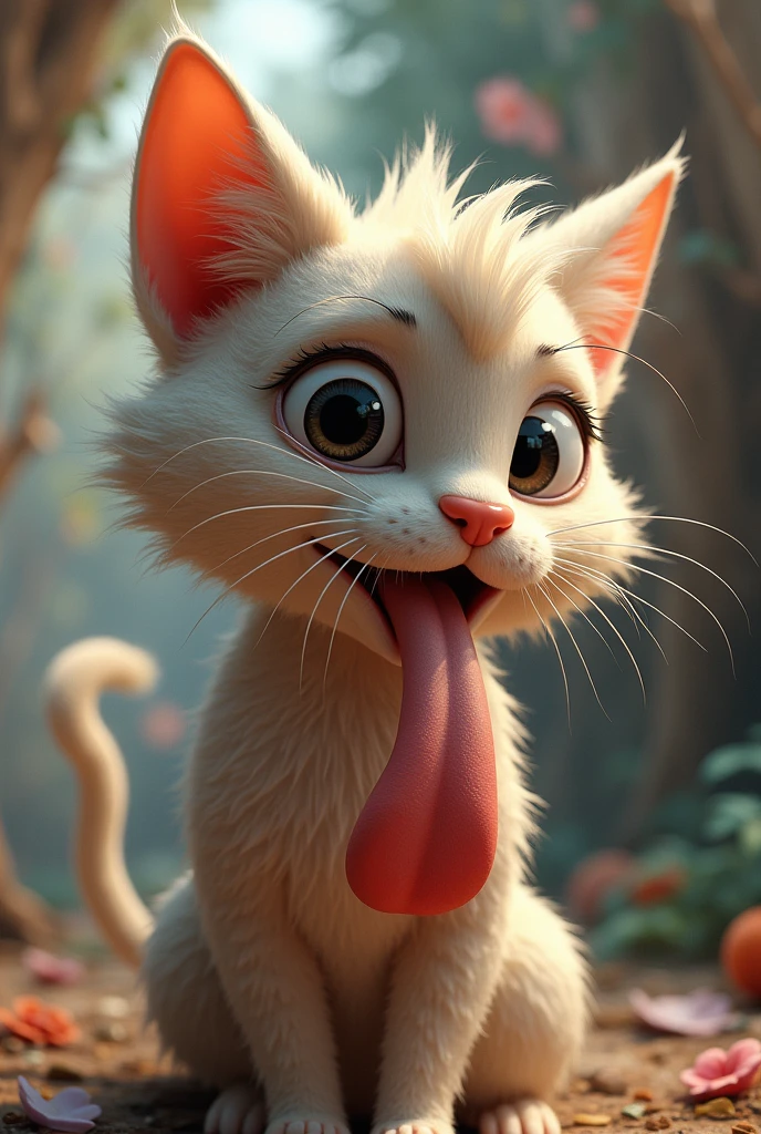 A furry ager cat with a kid sitting on the top his tongue