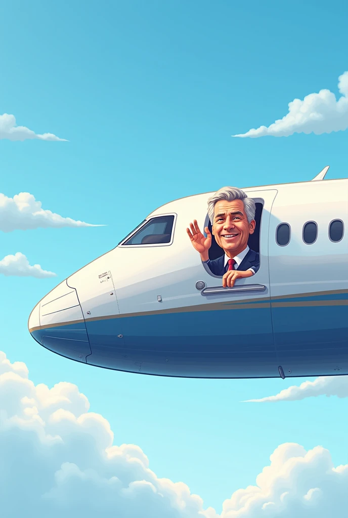 Create a vector sticker image of airplane with a pilot head seen outside waving happily side view  pilot is a guy realistic aeroplane 