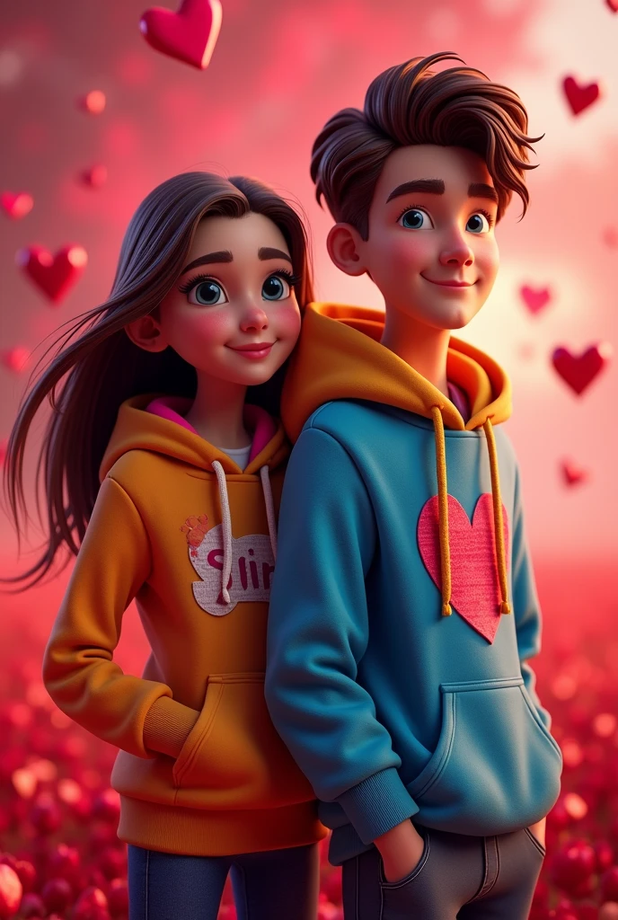A captivating 3D Disney-inspired poster featuring the charming duo, Anaya and Ranbir, both dressed in stylish hoodies adorned with vibrant pop-art-inspired colors. Anaya has flowing brown hair, while Ranbir sports short brown hair and mesmerizing blue eyes. Their names are displayed in bold, playful letters, adding to the poster's energetic and lively atmosphere. The enchanting 3D render background showcases a field of floating hearts in a deep red hue, creating a cinematic and romantic ambiance that perfectly complements the lively personalities of the characters., cinematic, 3d render