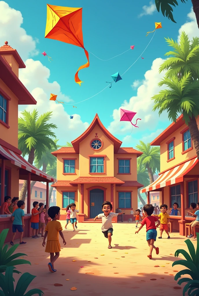 : A quaint school in a bustling Indian town. The school grounds are filled with the laughter of children, colorful kites flying, and the aroma of street food from nearby stalls.

