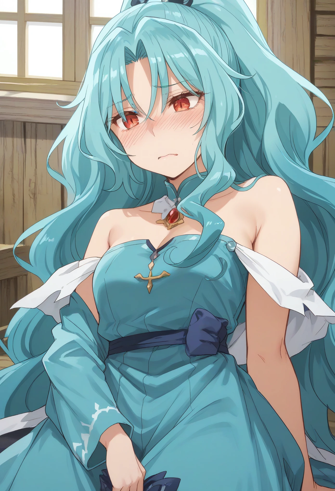 long hair aqua hair ponytail red eyes,slit pupils,((blue ball dress)),(embarrasment,blush,red face,looking away,looking down,bitting own lips)
