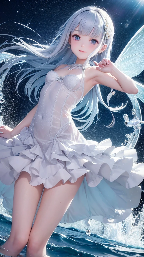1 Girl, Transparent Water, Blue Butterfly, Pure White Gauze Skirt, Sparkling