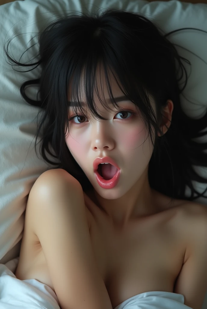 extremely quality Super Real, Sharp focus, Spectacular realism, Realistic, sauce_photograph, Proper placement,  (((All Nude:1.3))),Super Real, Edge Orgasm, Mouth slightly open,Orgasmic Climax, At the bed,,Miku Kanemura, Hinatazaka46,, Black Hair