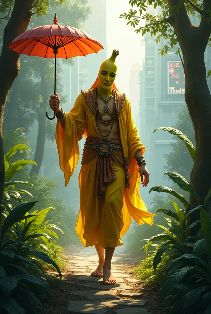 Imagine banana men, the revered Hindu deity, strolling down a dangerous jungle. He holds a colorful umbrella in his hand, which contrasts with his traditional attire and the lively urban backdrop. The scene blends the divine with the everyday, showcasing banana men’s serene presence amidst the modern world.”