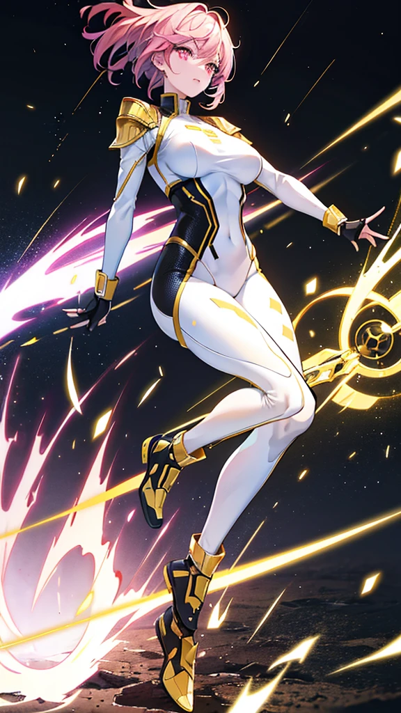 A athletic gorgeous woman, Normal breasts, Solo, White skin, Pink eyes, sidecut gold hair, wearing a skintight clothing army armor outfit with the colors white, black and gold, style super hero, standing, action pose, space uniform, Uniform tight to the body, no accessories, full body, black legs in the outfit