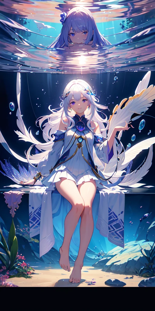 (best quality,4k,8k,highres,masterpiece:1.2),ultra-detailed,(realistic,photorealistic,photo-realistic:1.37),anime,portrait,hair: white,big eyes,beautiful detailed eyes, beautiful detailed lips, long eyelashes,white robe,floor,holding a cup,beautiful fantasy queen,goddess of anime,lies on the floor,many planets around her,horns on the head,enormous breasts,white knee-high socks,exhausted deity,anime fantasy illustration,galactic goddess