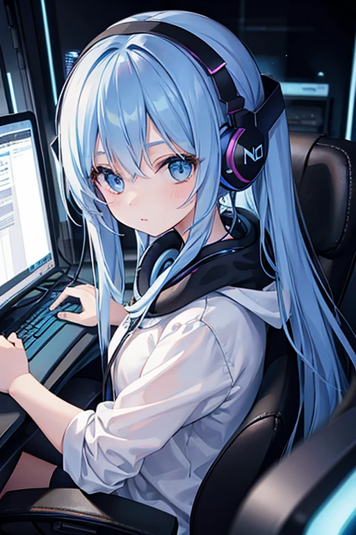 A girl wearing headphones is listening to music while operating a computer in a dark room、Oblique angle、Long blue hair