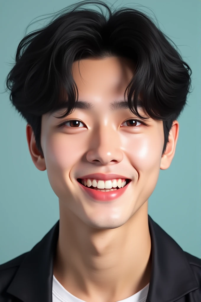 Young Korean  man idol with black hair and smile 