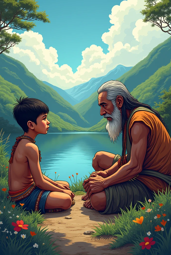 Indigenous male child, Beautiful landscape, thinking in numbers, with an indigenous elder, telling stories, 2d