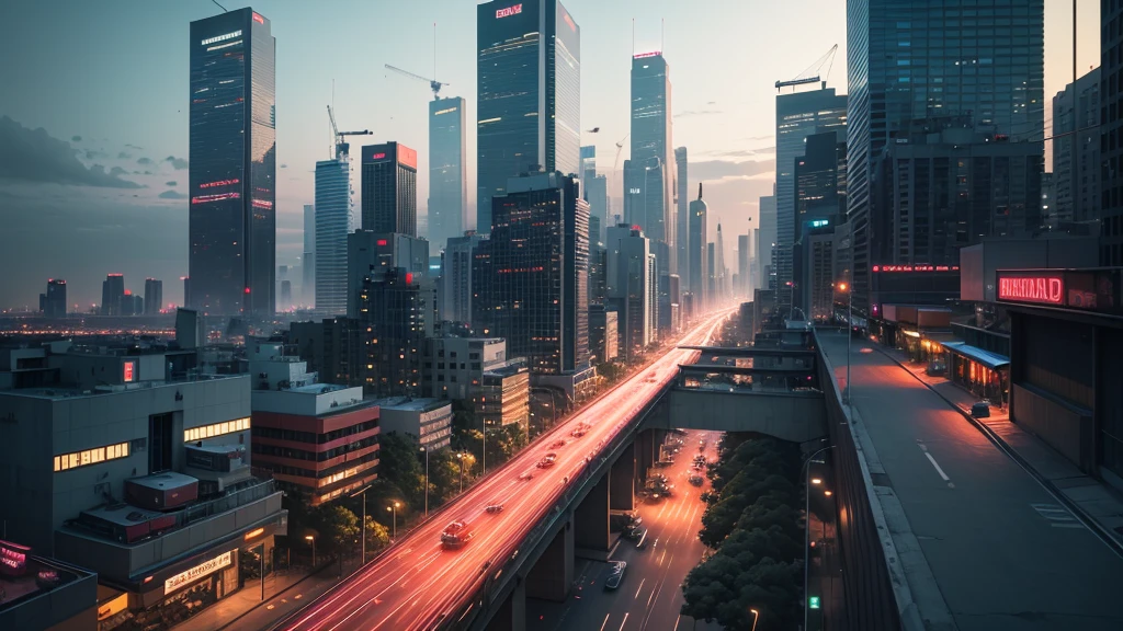 Realistic, Cinematic, High Quality. A wide shot of a futuristic cityscape set on an Indonesian island, blending traditional Indonesian architecture with modern, neon-lit skyscrapers. Elevated highways with sleek, futuristic motorcycles, and drones patrolling the sky, creating a bustling, vibrant atmosphere. extremely detailed.