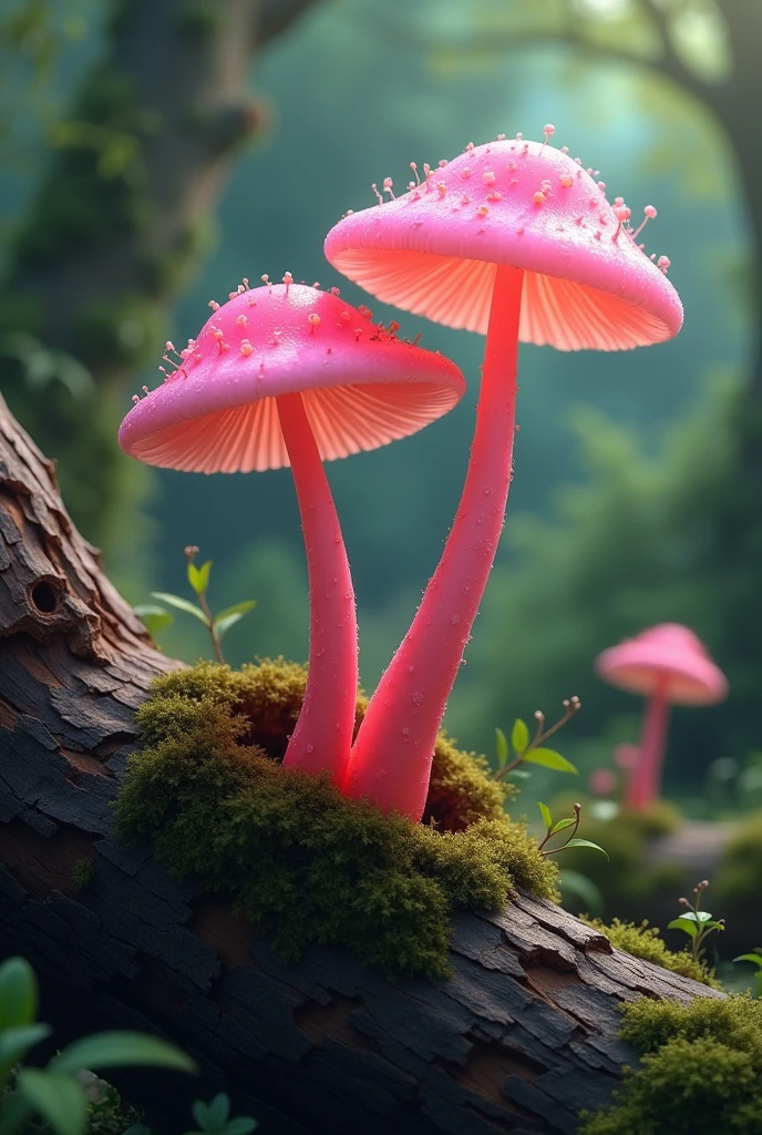 Two long, thin mushrooms growing，Long stem，The stem is long，It&#39;s squishy like jelly.，The color is pink，Growing from a fallen tree，