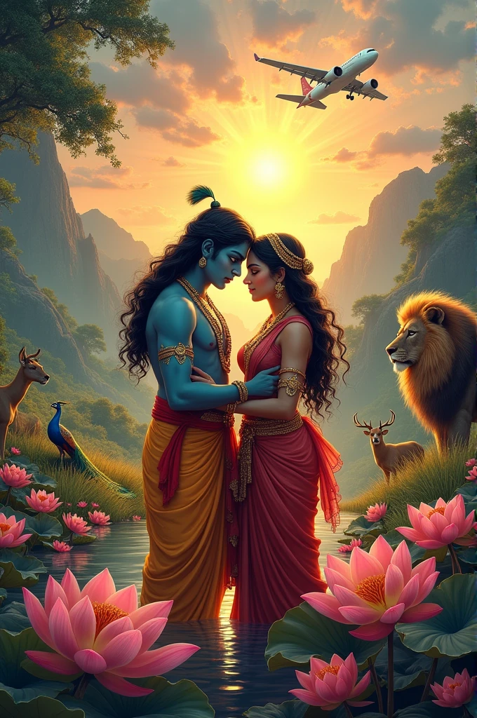 Peacock lion radha krishna lotus udte hue airplane hiran ugta hua suraj barish bheti hui nadi