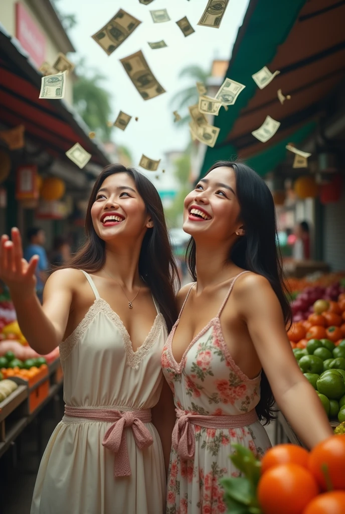 Two beautiful Thai women, with good looks, smiling happily, looking up, spreading their arms, waiting to receive money, with a lot of money falling from the sky, in front of the fresh market.