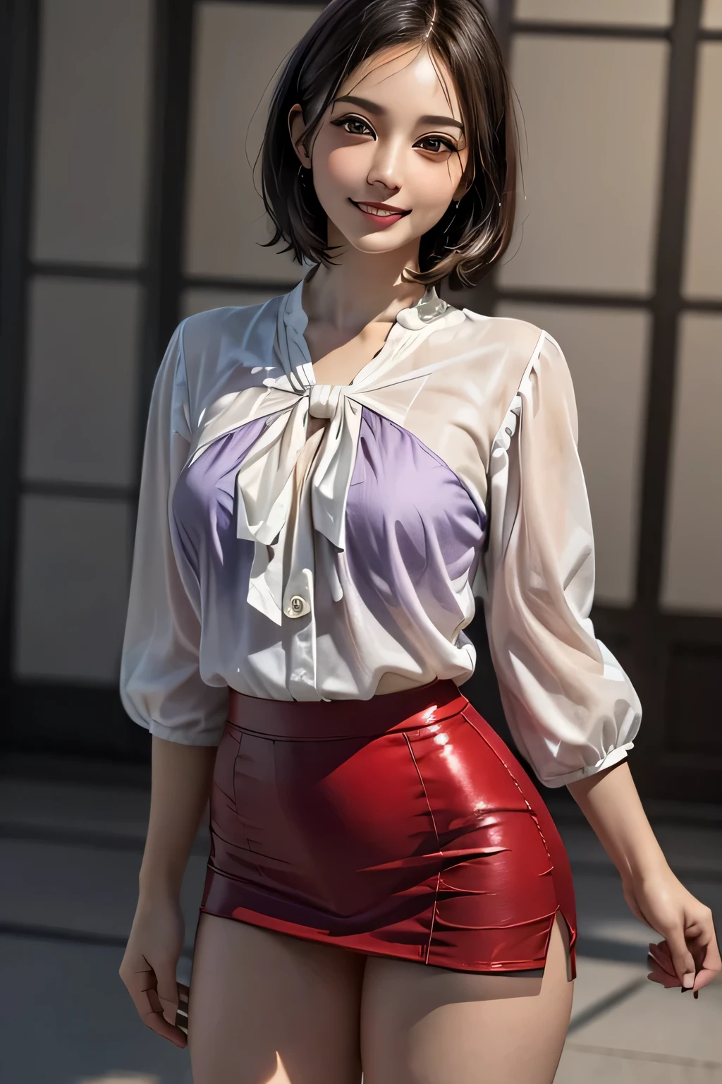 (1 The Ultimate Beautiful Mature Woman), Very detailedな顔, Beautiful brown eyes, double eyelid, Slightly thick detailed lip, Short black hair, (Light purple blouse:1.2), (Red tight mini skirt:1.4), Large Breasts, smile, Thighs, Perfect lighting, (Realistic:1.4), (Very detailed), (Highest quality), (Best Shadow), (masterpiece), Ultra-high resolution, With background: ((Ginza Art Gallery, Tokyo))