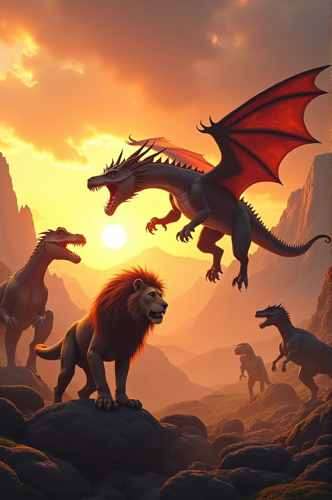 Dragon in eagle and lion in sunset time fight with dainosours
