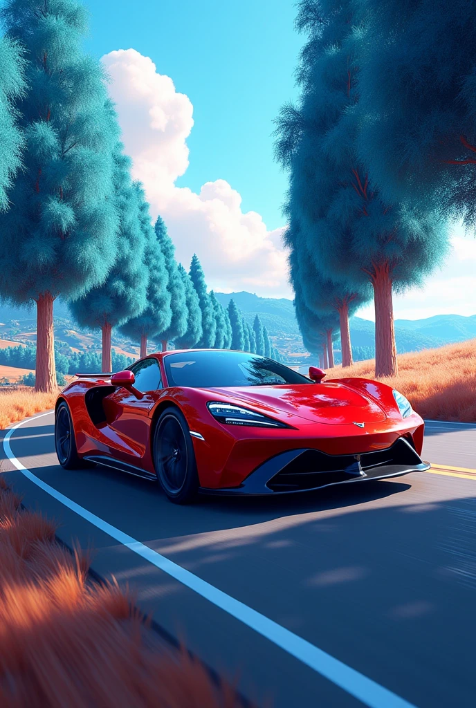 I want an image of red car with blue trees on sides of road